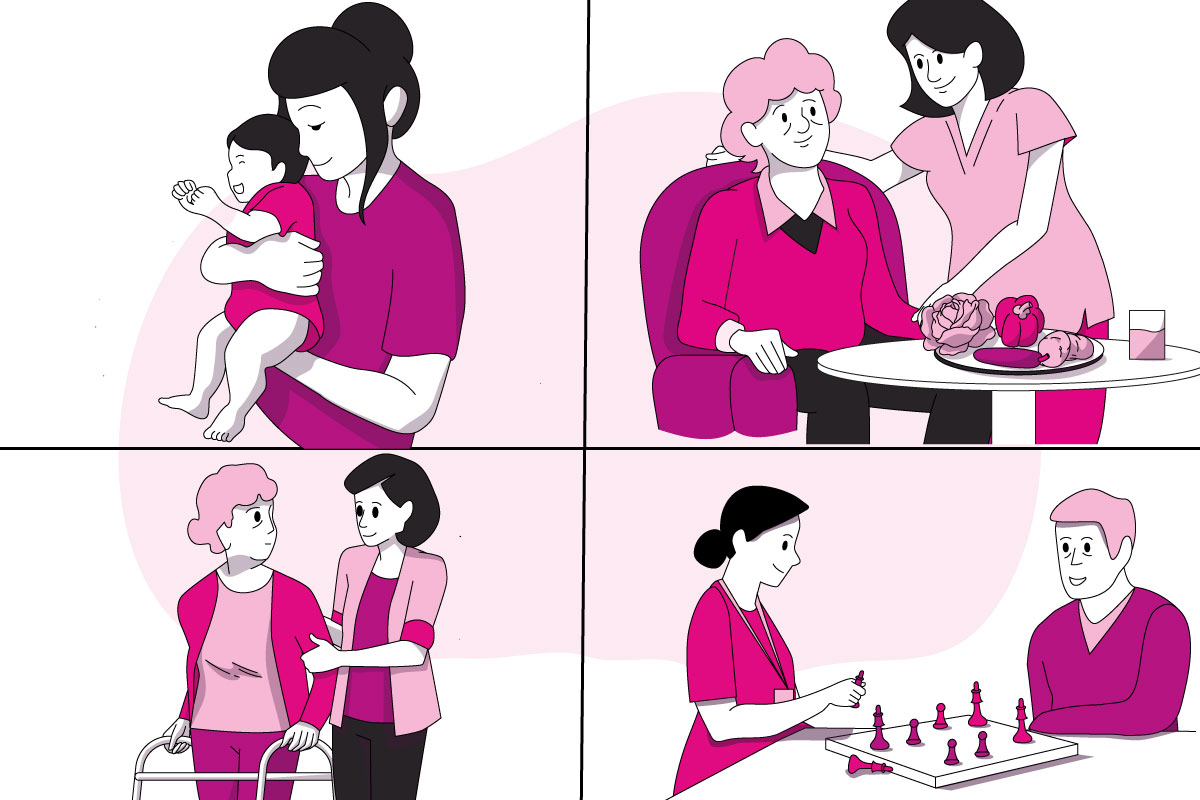 Des assistantes de vie aux familles (ADVF) en plein action dans différentes situations.