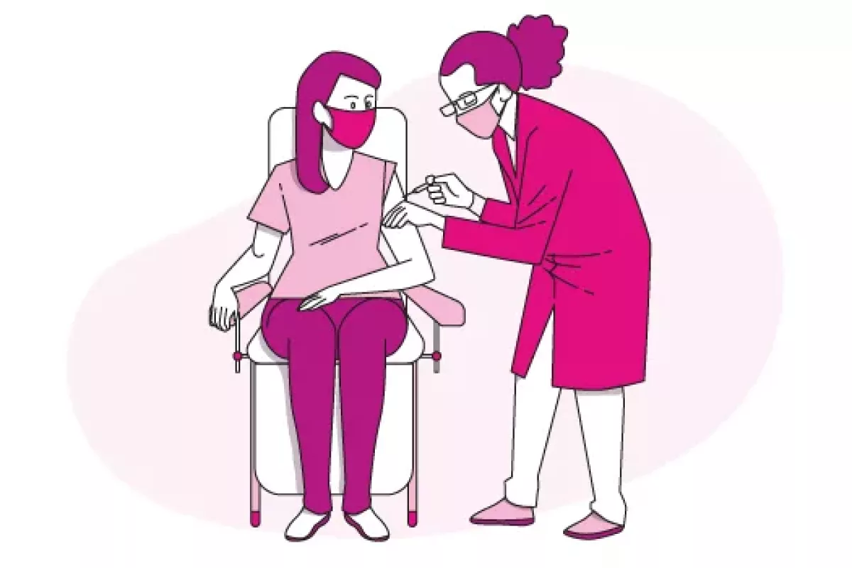 Illustration de couleur rose montrant une infirmière faire une injection à une patiente.